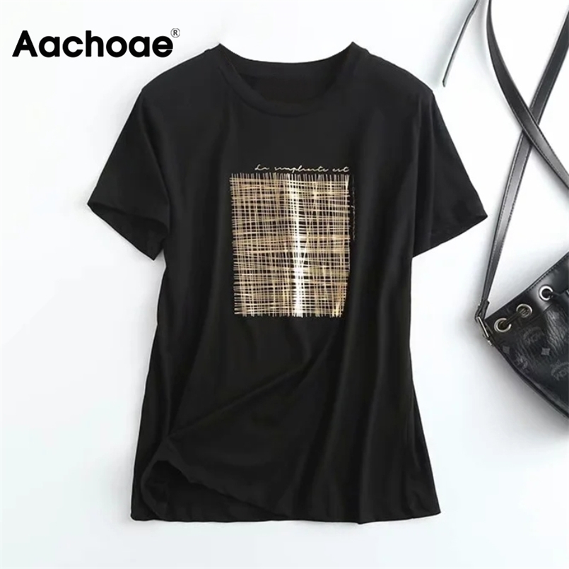 

Aachoae Summer Women Printed Cotton T Shirt Casual O Neck Tshirts Female Short Sleeve Fashion Tee Tops Camisetas Mujer 210708, Black