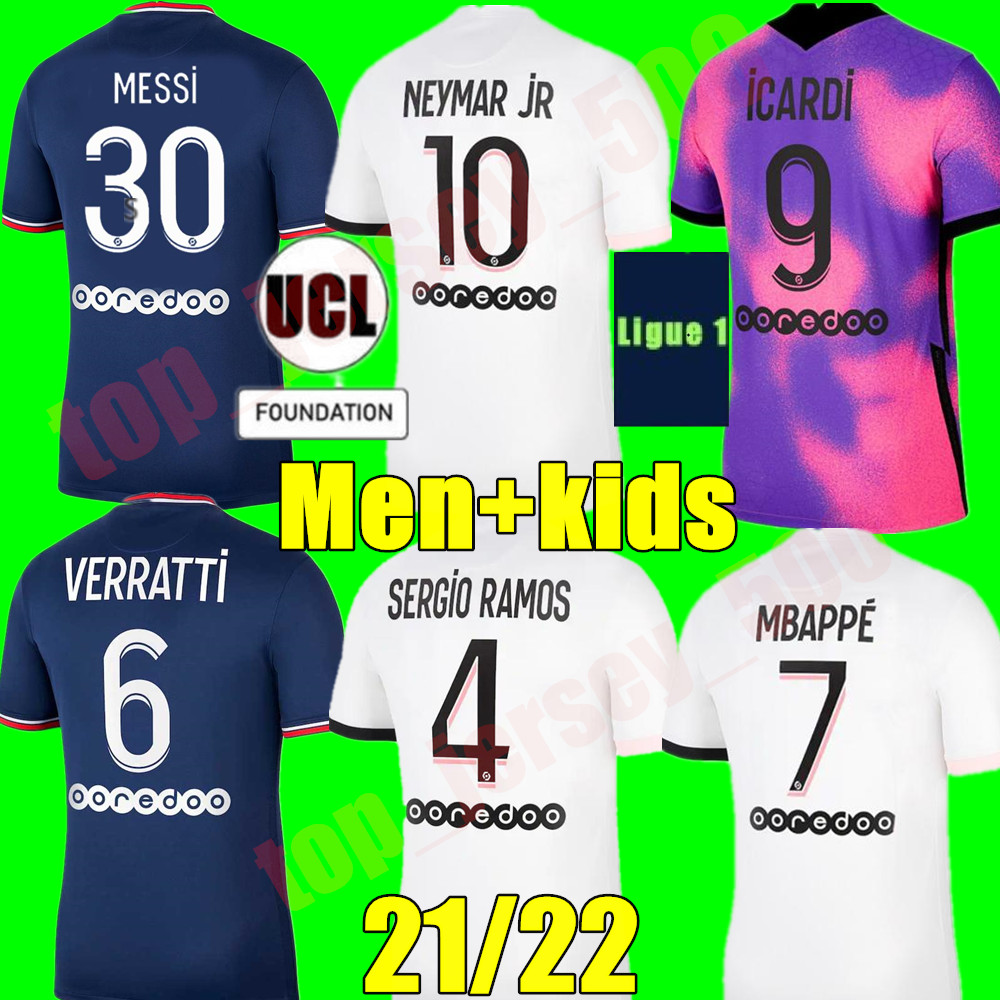 

21 22 MBAPPE KEAN soccer jerseys 2021 2022 Paris MESSI MARQUINHOS VERRATTI PsGs Maillots de football shirt ICARDI DI MARIA SERGIO RAMOS Men kids kit uniforms enfants, 20/21 adult 4th+champion patch