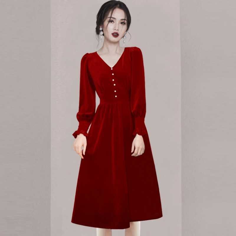 

Spring Retro Dress For Women Red Velvet V-Neck Long Sleeve High Waist Sexy Party Dresses Female Vestidos 210526, Photo color