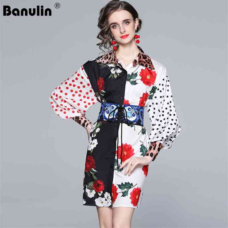 

Banulin Summer Runway Elegant Shirt Dresses Women Turn-down Collar Leopard Dots Floral Print Belt Loose Short Dress 210603, Mixed color