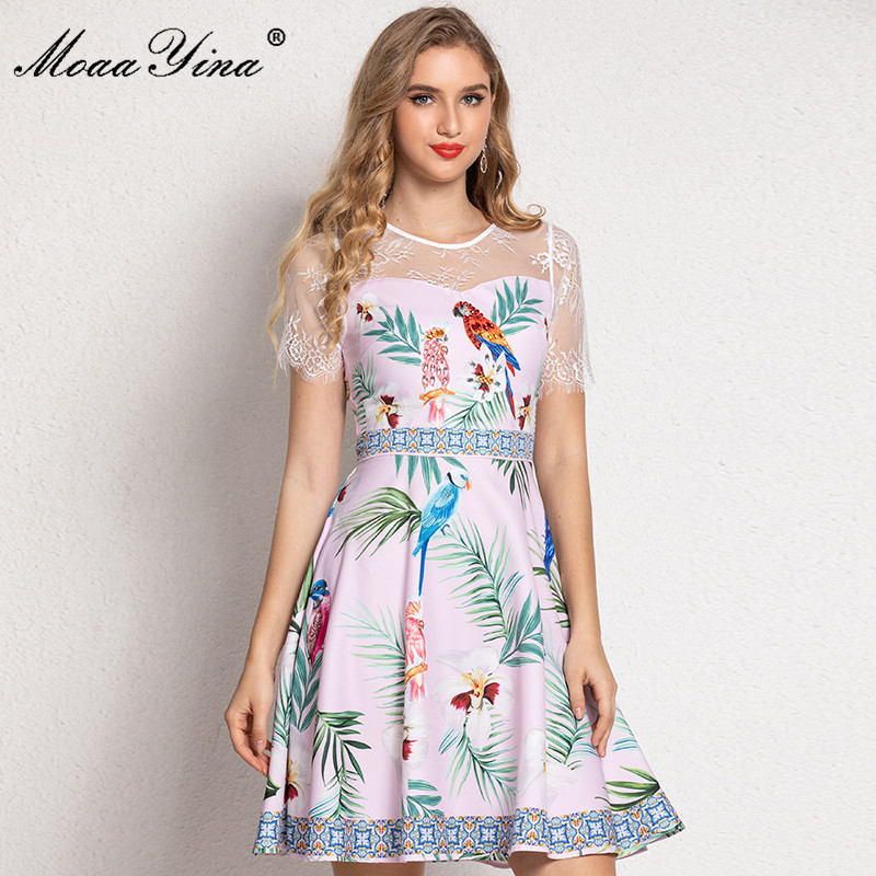 

Fashion Designer Dresses Women's Summer Short sleeve Patchwork Animal Floral print Party Vintage Mini Dress 210524, Pink