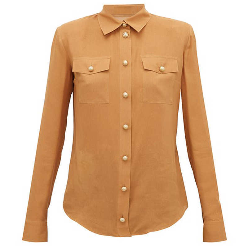 

HIGH QUALITY Fashion Designer Shirt Women' Long Sleeve Lion Buttons Pockets Blouse 210526, Beige