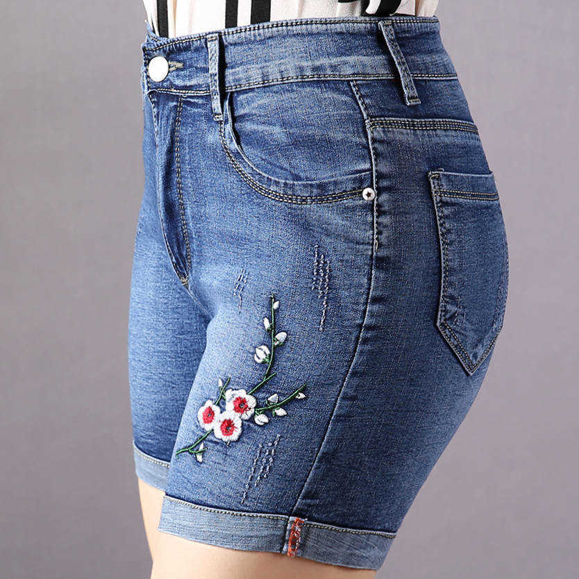

Summer women fashion straight style high waist hell rolled up denim shorts female trendy embroidery jean casual bottom 210611, Style 4 color