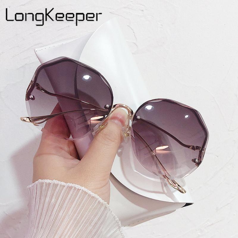 

Sunglasses Rimless Women Ocean Cutting Lens Oversized Metal Curved Temples Sun Glasses Female Lunette De Soleil Femme