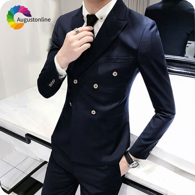 

Men's Suits & Blazers Latest Coat Pant Designs Navy Blue Wedding for Men Double Breasted Slim Fit Male Blazer 2Piece Jacket Pants, Custom color