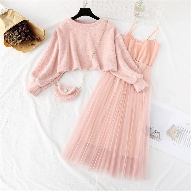 

Two Piece Dress Set Ladies Vintage Mesh Sling +Lantern Sleeve Pullover Sweater Women Spring Pleated es Sets VDTW, Apricot