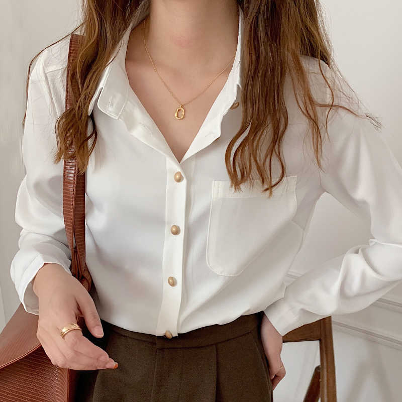 

Long Sleeve White Blouse Chiffon Shirt Women Blusas Mujer De Moda Turn Down Collar Office Tops E215 210602