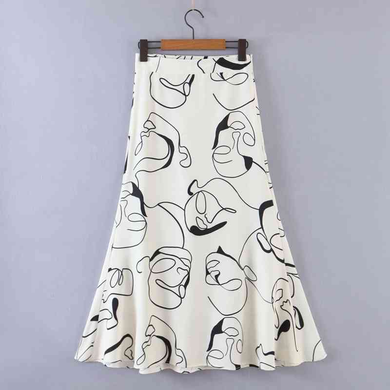 

Fashion Women Elegant A-line Skirts High Waist Printed Ruffles Zipper Midi Vacation Party Skirt Female 210525, White