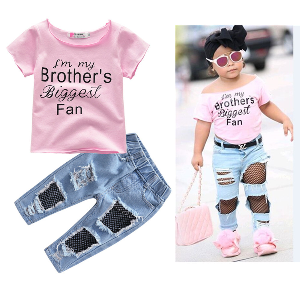 

Retail/wholesale girl hole jeans tracksuit Clothing Sets 2pcs set cotton letter top+pant girls outfits children Designers Clothes, See the pictures
