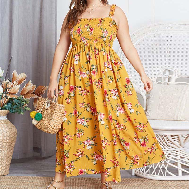 

Casual Dresses -4XL Big Size Boho Floral Printed Women Dress Sexy Spaghetti Strap Elastic Spilt Out Long Midi Beach Vestidos W277, Yellow