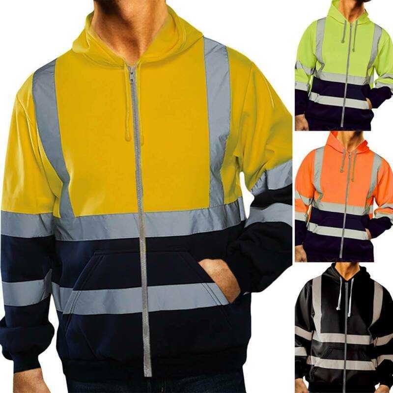 

High Visibility Mens Jacket Zip Up Hoodie Security Work Sweatshirt Coats Outwear X0621, Black