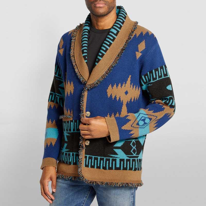 

Men' Sweaters Flordevida Luxury Fringed Jacquard Cardigan Men Wrapped Long Sleeve Cashmere Bohemian Knited, Black