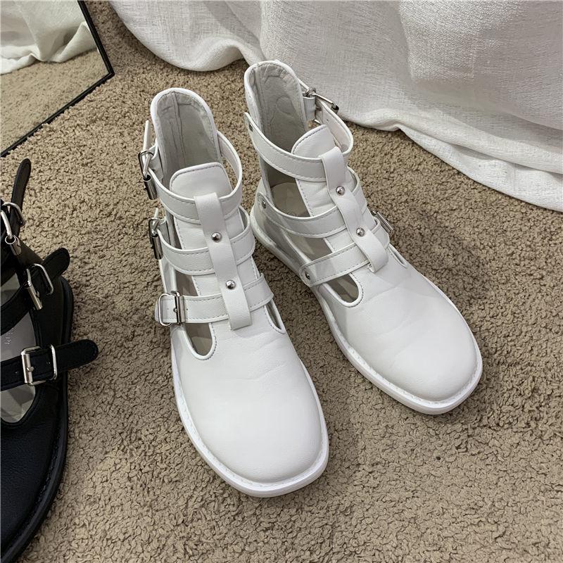 

Boots Women PU Leather Summer Platform Fashion Buckle Ladies Flat Shoes 2021 Female Comfortable Gothic Ankle Streetwear, Black