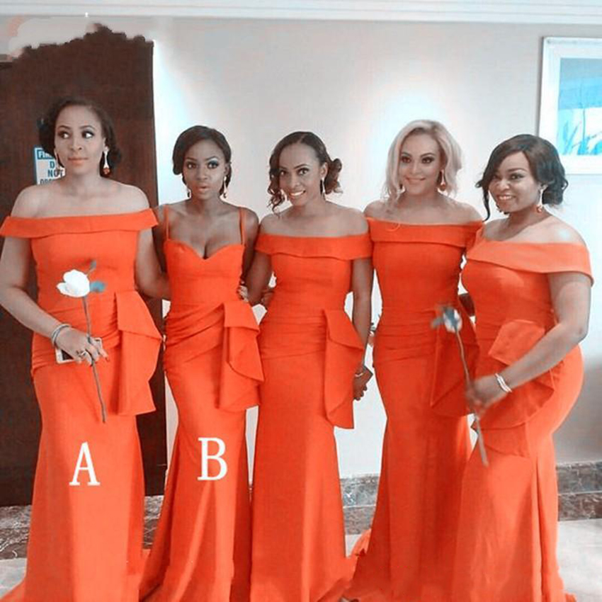 

2021 New Orange Cheap Mermaid Bridesmaid Dresses African Off Shoulder Satin Wedding Guest Dress Prom Gowns Gowns Plus Size robes de demoisel