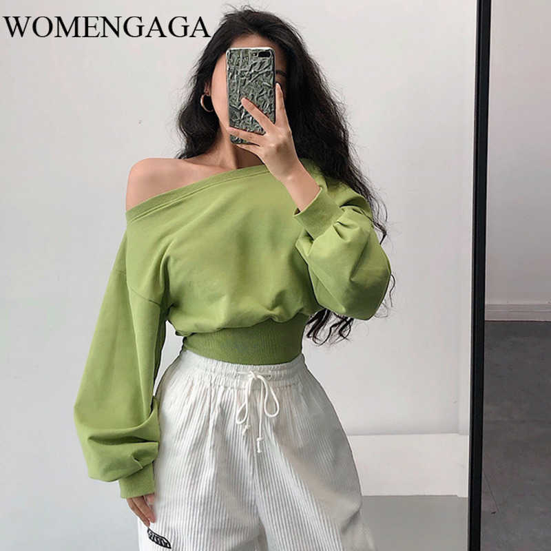 

WOMENGAGA Sexy Off-shoulder Loose Slim High Waist Full Sleeve Puff Solid Color Sweatshirt Irregular Top SAGU 210603, White
