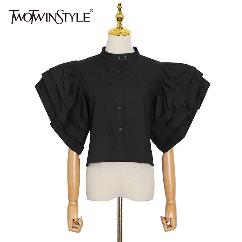 

Black Patchwork Ruffle Shirt For Women Stand Collar Short Sleeve Casual Blouse Female Fashion Clothing 210524, White