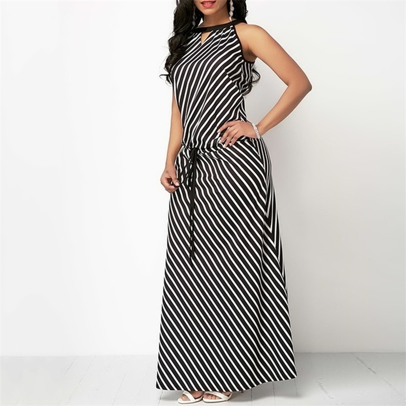 

Stripe Dres Fashion Summer Casual Sleeveless Round Neck Black Loose Plus Size Female Long Costume 210701, Hs