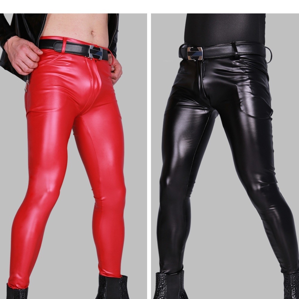 

Men's Pants Stylish Latex Men Trousers Faux Leather Shiny Glossy Bars Club Stage Gay Wear Ninth PU Chaparejos Male Tight Pencil G2HL, Extra not product