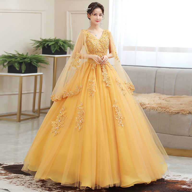 

2021 New Quinceanera Dresses Long Sleeve Elegant V-Neck Party Dress Luxury Lace Ball Gown Vintage Prom Gowns Customize Size, Gold