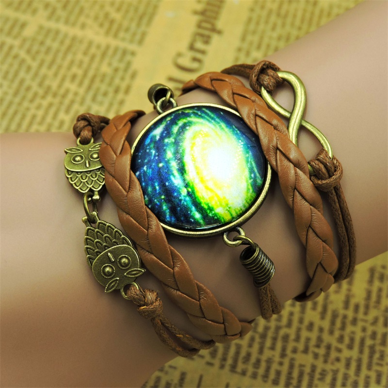 

New Leather Multilayer Braided Bracelet Bangles Galaxy Cabochon Infinity Charms Wristband Cuff Leather Bracelet For Women Men 136C3