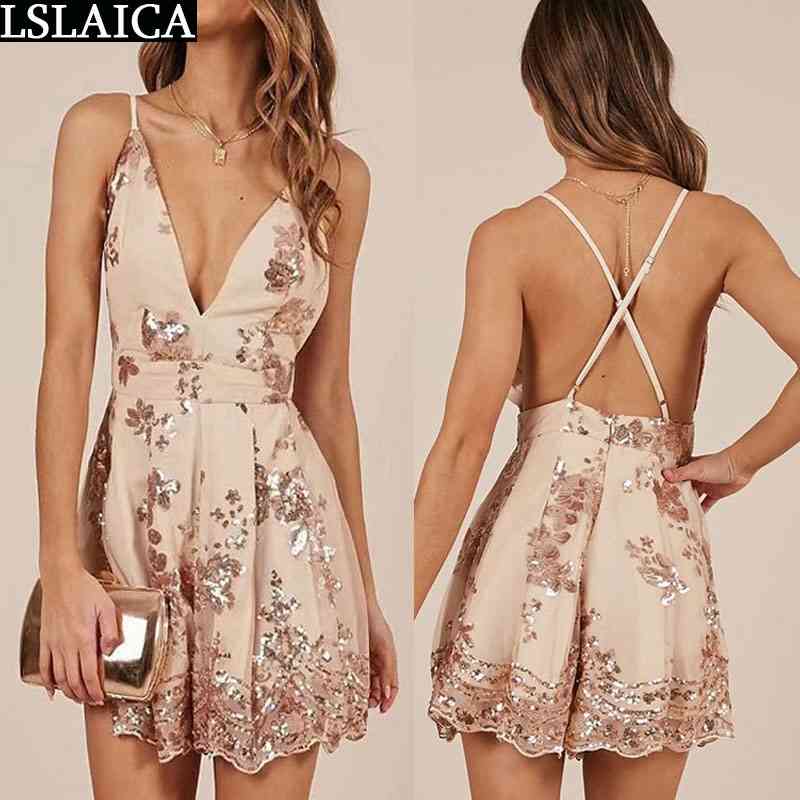 

V-neck sexy jumpsuit sleeveless slim wild evening party club sequin backless solid color sling women 210520, Beige