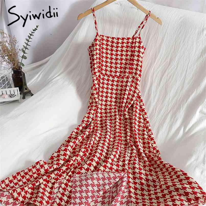 

Houndstooth Spaghetti Strap Maxi Dresses for Women Red Green Black Yellow Summer Strapless Off Shoulder Bird Lattice 210607