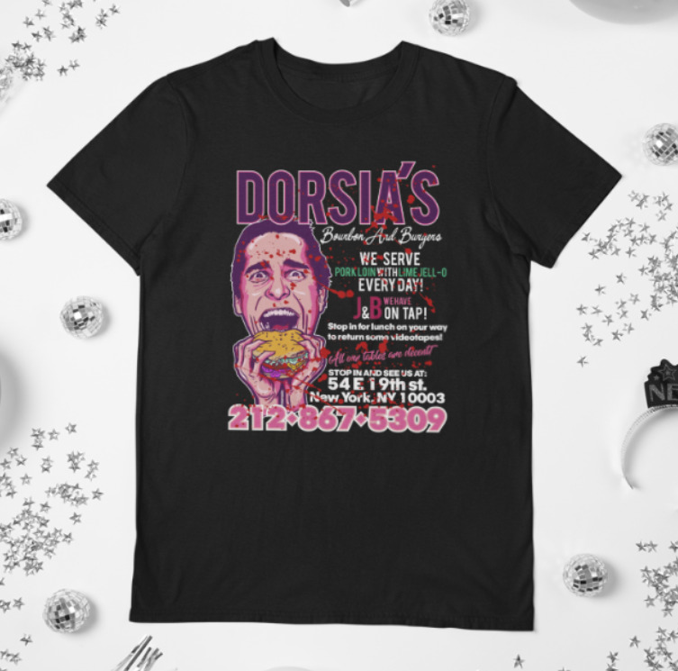 

R1 Dorsia's Bourbon Burgers American Psycho Murder Horror Movie Black T-shirt, White;black