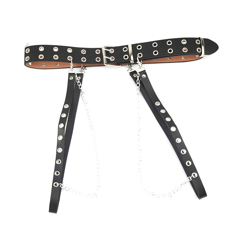 

Fashion Leather Waist Chain Strap Teenager Punk Gothic Style Double-row Pin Buckle Belt Jeans Trouser Pant Waistband Accessories Belts, Black