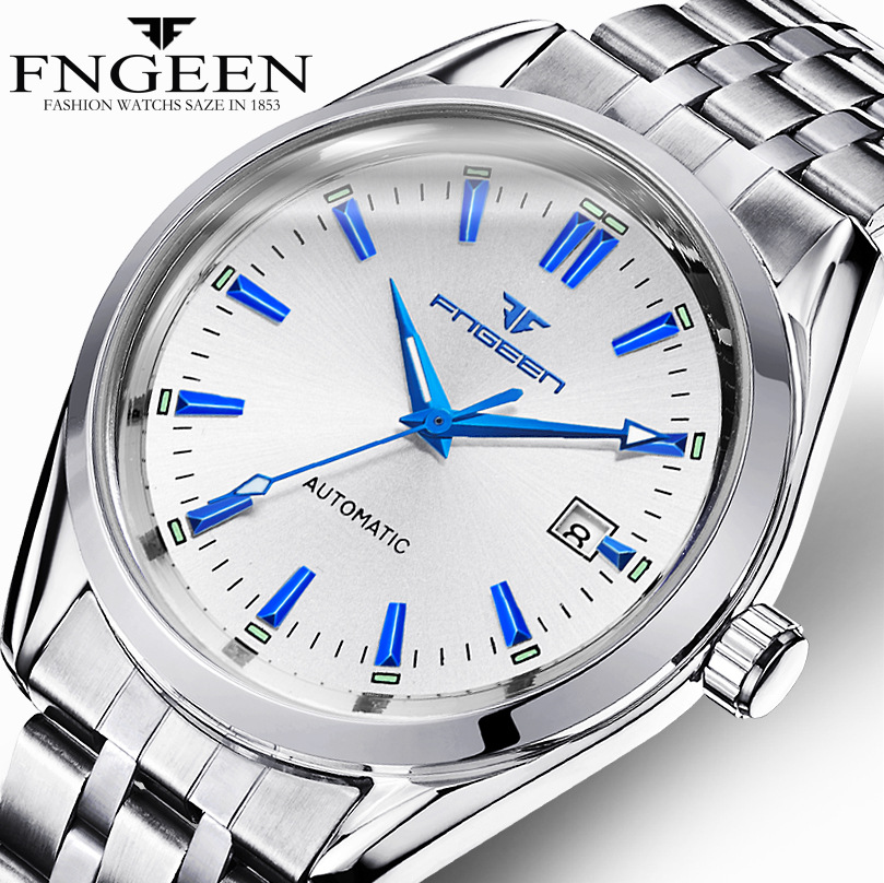 

Mens Top Brand FNGEEN Automatic Mechanical Watches Self Windign Male Luminous Fashion Business Watch Casual Waterproof Relogiog, Leather band 2