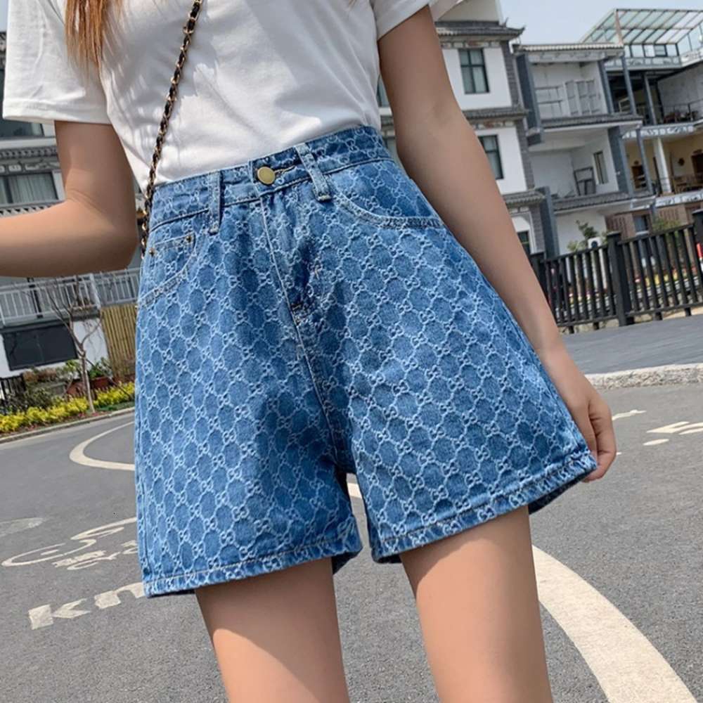 

Printed jacquard denim shorts women's summer fashion loose high waist design hot, Blue