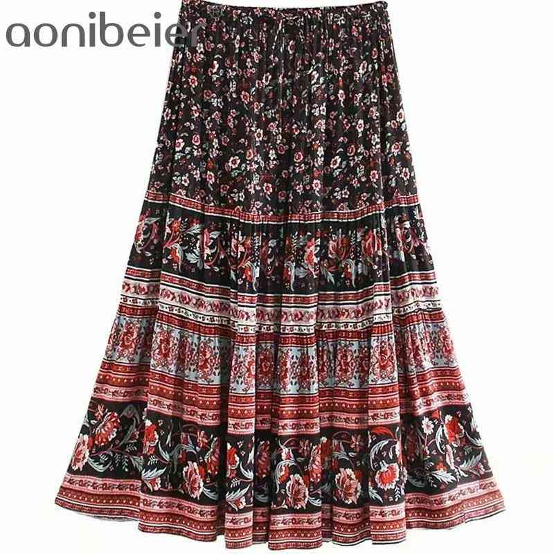 

Printed Boho Casual Holiday Beach Long Skirts Summer Tie Detail High Waist Ruched Tiered Swing Midi Skirt Female 210604, 01
