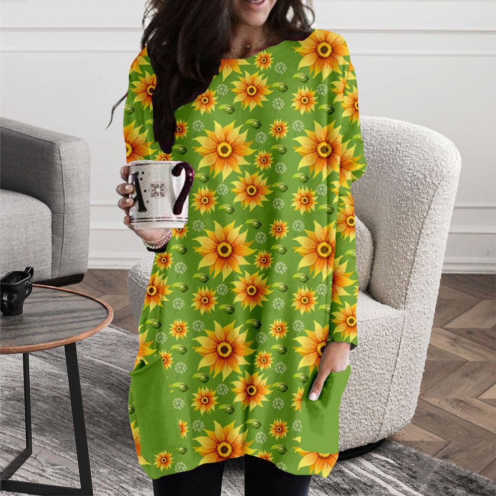 

Harajuku Fashion Sunflower Pattern Series Casual Print Spring and Autumn Long Pocket T-shirt Female Elements Round Neck Loose Comfortable Homewear, Black;gray