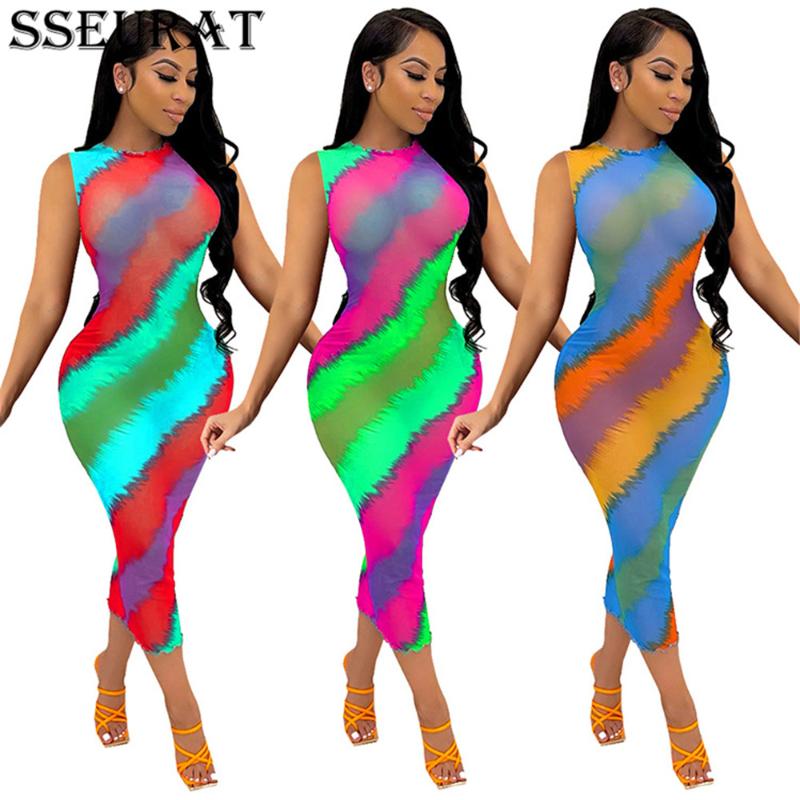 

Casual Dresses SSEURAT Women Long Dress Print Mesh See-through Sleeveless Bodycon Strechy Midi Sexy Night Club Vestidos Summer, Blue
