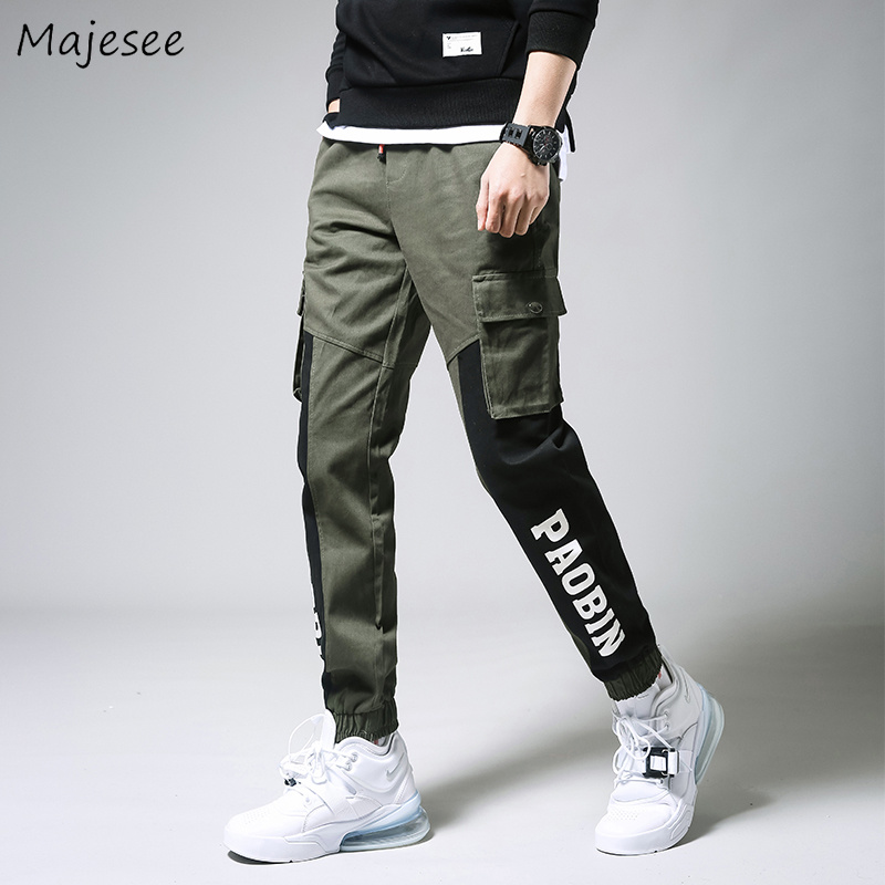 

pants men letter printed leisure pocket daily ankle-length simple all-match korean style pant mens drawstring harem trousers, Black