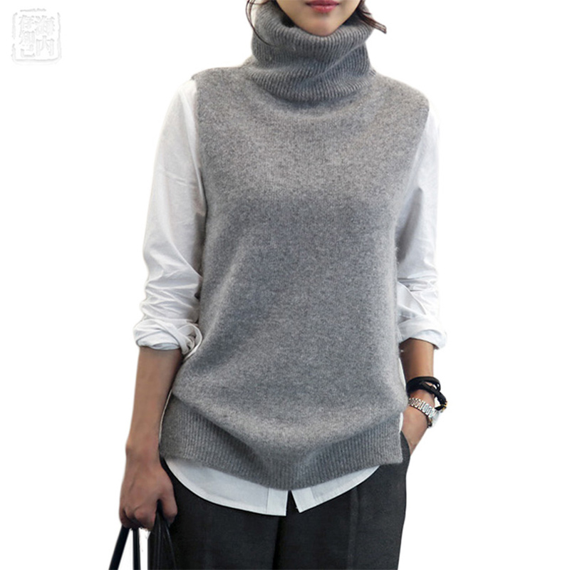 

Womens Knitted Angora Rabbit Cashmere Wool Turtleneck Vest Side Slit Winter Female Wool Sweater Sleeveless Waistcoat New Vogue, Black