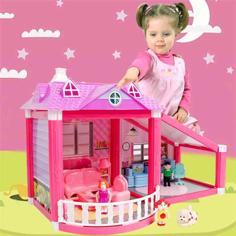 

Baby Handmade Family Dollhouse Pretend Play Princess Castle DIY Assemble Villa Doll House With Miniature Furnitures Toys Gifts 201217