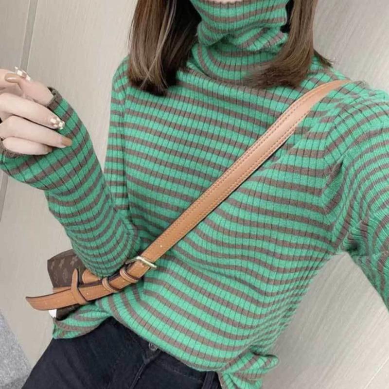

Women's Sweaters 2021 Fashion Basic Turtleneck Women Autumn Winter Tops Stripe Elastic Slim Pullover Soft Casual Knitted Sweater Top, Khaki