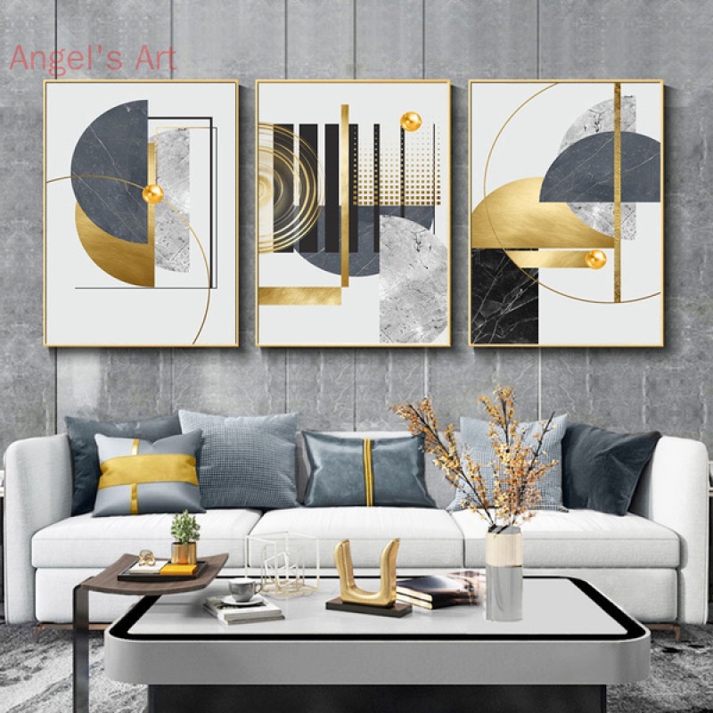 Abstract Painting Golden Gray Canvas Poster Print Geometric Color Block Wall Art Pictures for Living Room Home Decor-image-736547891