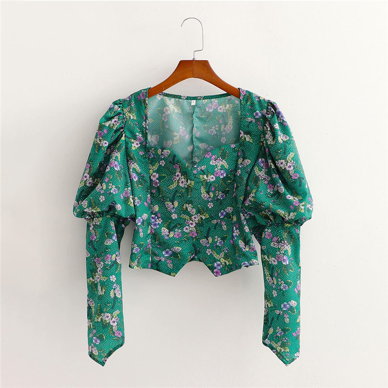 

Women's Blouses & Shirts Vintage French Style Za Floral Print Green Blouse Chic Lady Square Collar Long Sleeve Polka Dot Shirt Top