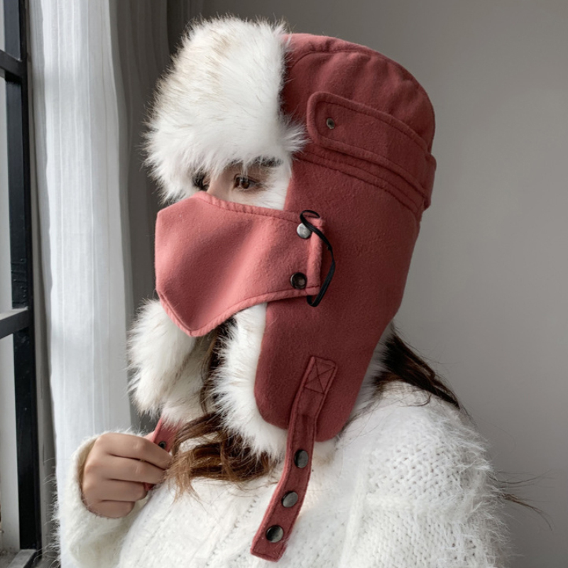 

Thick Warm Bomber Hat Men Women White Fur Winter Hats with Mask Male Female Russian Ushanka Hat Ski Earflap Trapper Russian Cap, Black