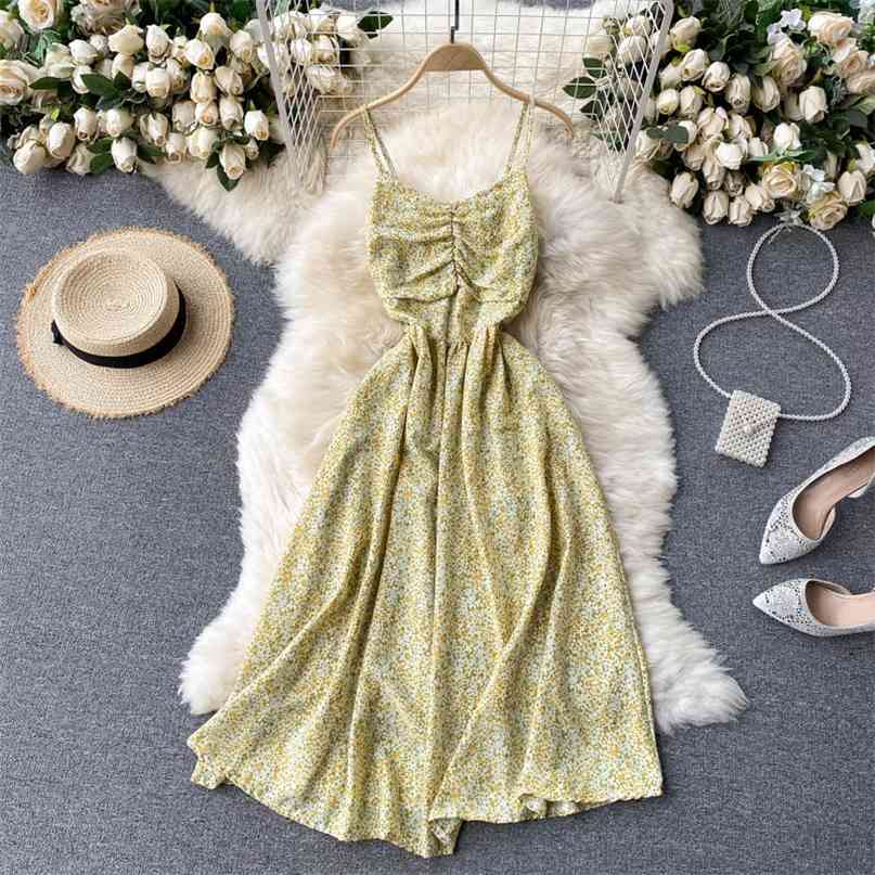 

Women Summer Dress Vintage Floral Print Holiday Beach es Chic Sleeveless Spaghetti Strap Korean Fashion Vestidos 210603, Black
