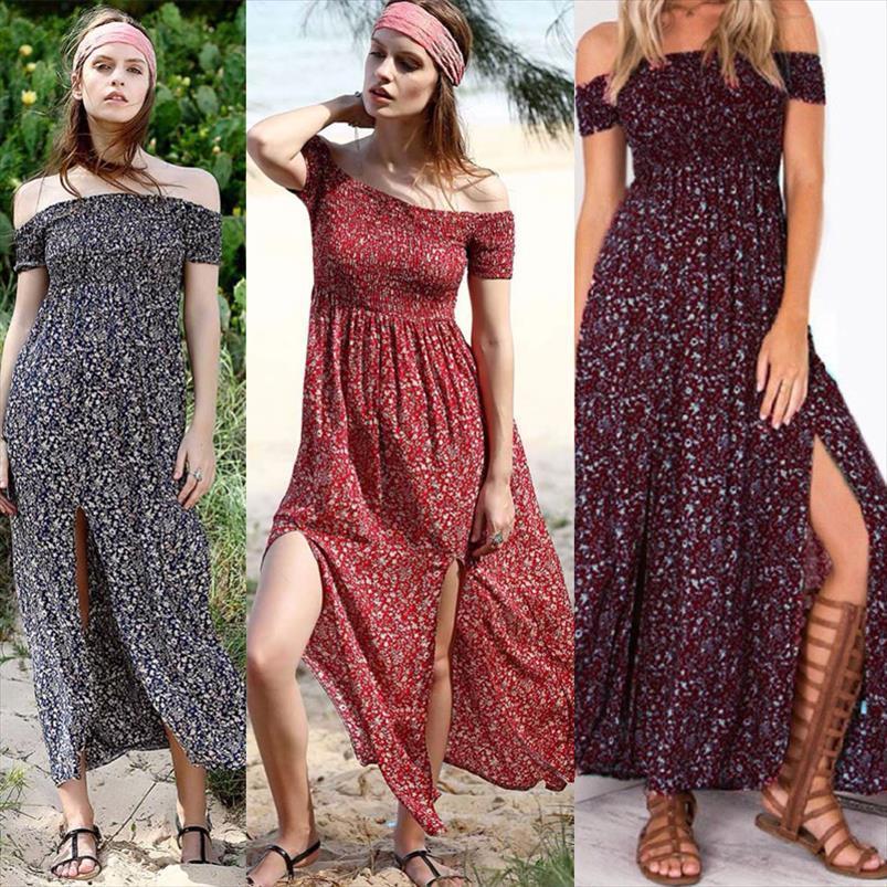 

summer casual off shoulder women dresses long boho floral print vacation split party vestidos femme robe, Black;gray