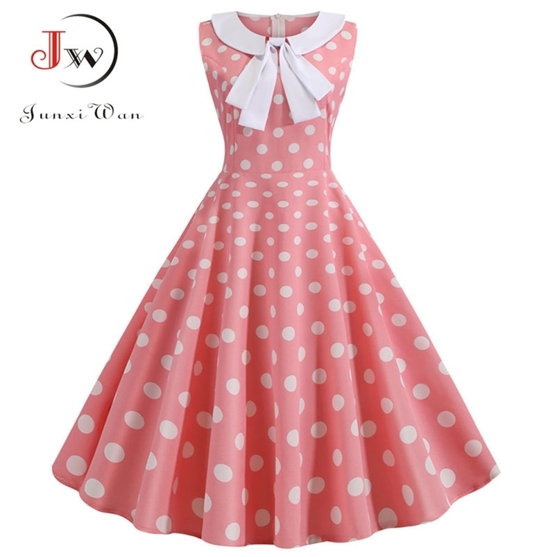 

Plus Size Polka Dot Vintage Dres Summer Pink Rockabilly Office Party Casual Peter Pan Collar Bow Sundress Vestidos 210701, Pettiskirt red