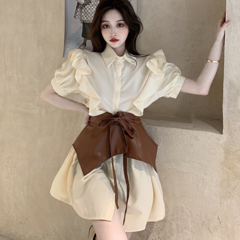 

Fashion Women Shirt Dress Summer Korean Short Sleeve Lady Chic Ruffles Mini Dresses Vestidos With Belt 210518, Photo color