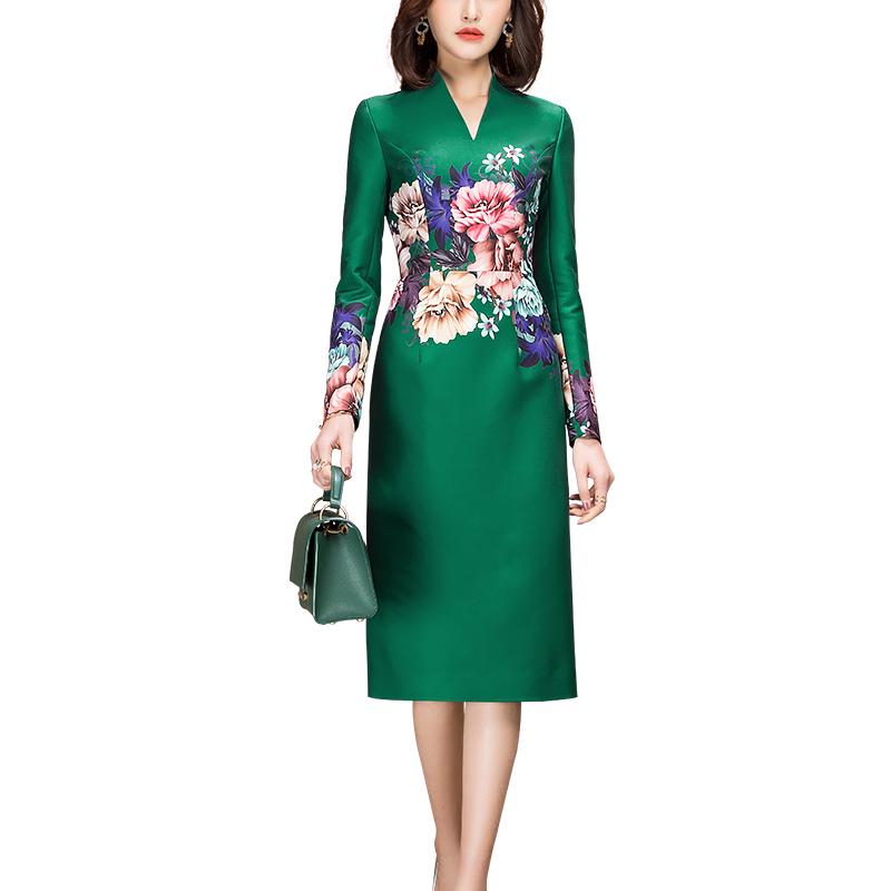 

Casual Dresses 2021 Spring Long Sleeve V Neck A Line Floral Print Green Dress