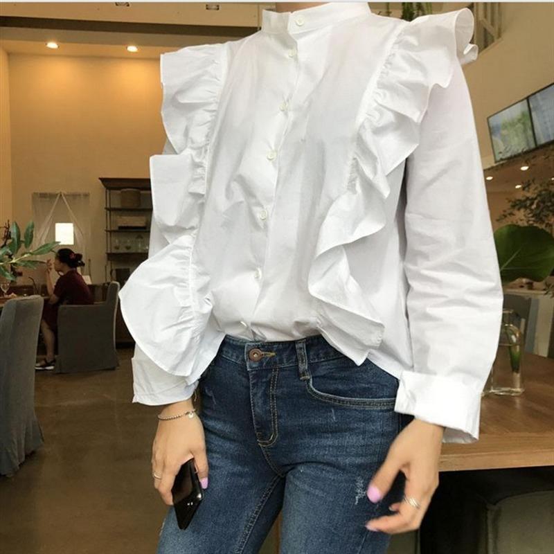 

Women' Blouses & Shirts Solid Stand Collar Vintage Fall Women Elegant Flounced Edge Pachwork Tops Single Breasted Designed Autumn 2021, White