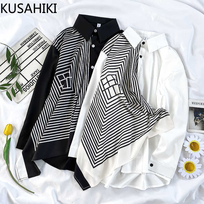 

Korean Stripe Ruffle Patchwork Blouse Shirt Causal Long Sleeve Turn-down Collar Top Blusas Mujer De Moda 6F447 210603, White