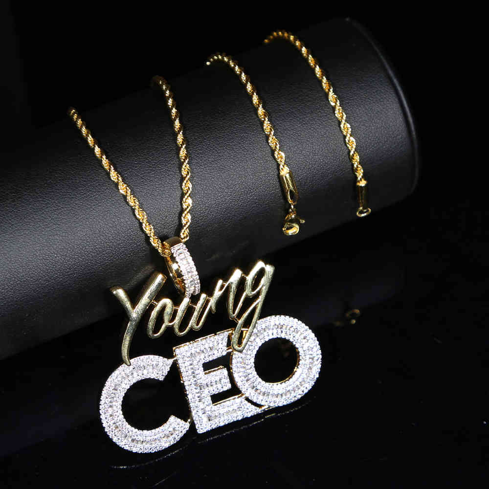 

Iced out men hip hop pendant necklace with 5A cz pave tennis chain rope chain with letter CEO charm long luxury necklace jewelry X0509