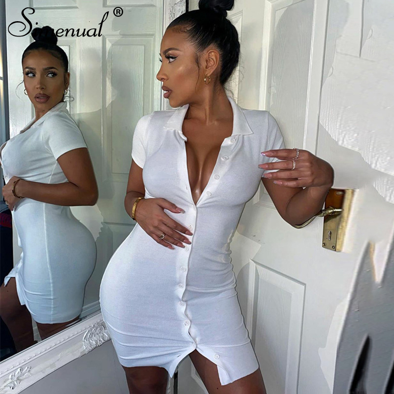 

Simenual Ribbed Button Bodycon Mini Dress Women Short Sleeve Solid Fashion Skinny Clubwear 2021 Summer Dresses Casual Slim Basic, Black