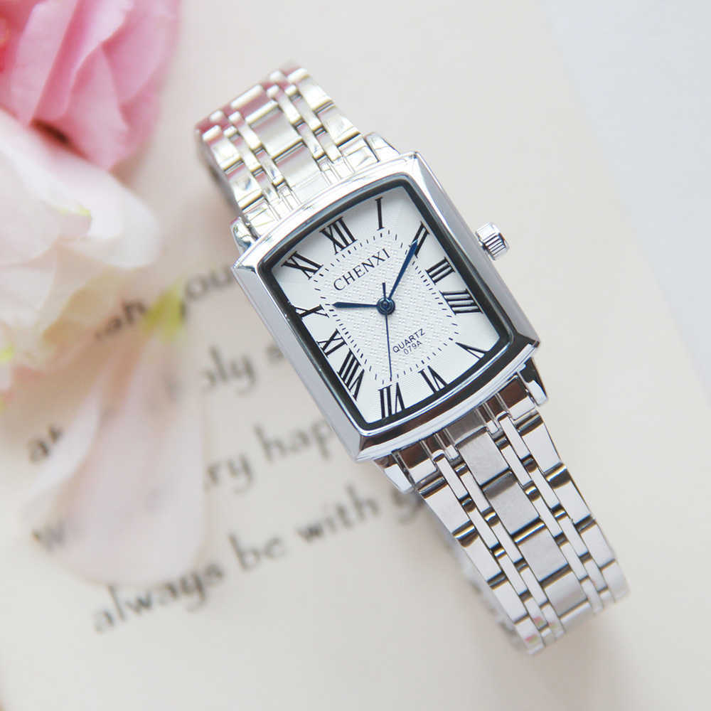 

CHENXI Square Women Watch Roman Numeral Silver Stainless Steel Quartz Watches Men Lover's Lady Clock Retro Casual Couple 210616, Women white